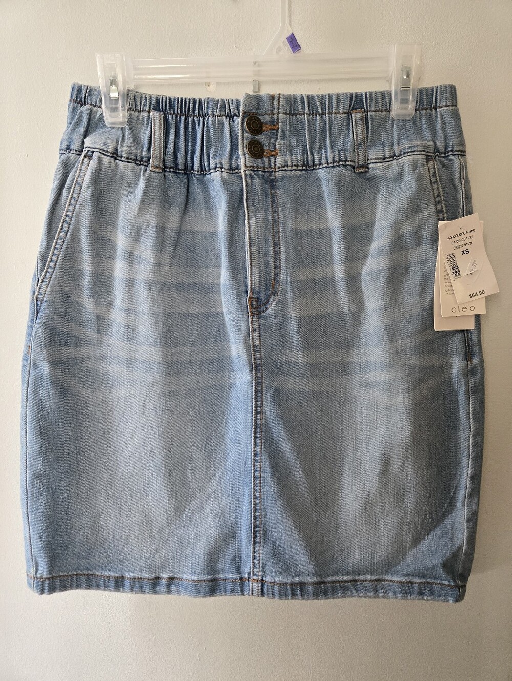 Cleo Light XS Denim Pencil Mini Knee Skirt Elastic High Waist Vintage Wash Sz 2